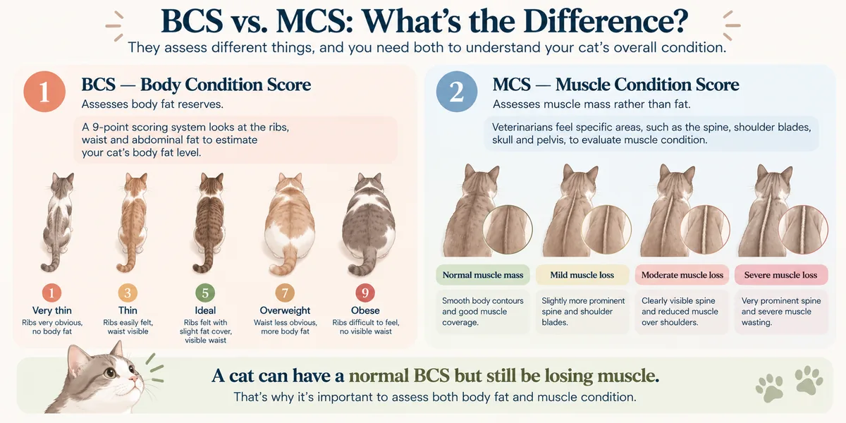 Infographic: BCS versus MCS — a cat can have a normal body condition score and still be losing muscle