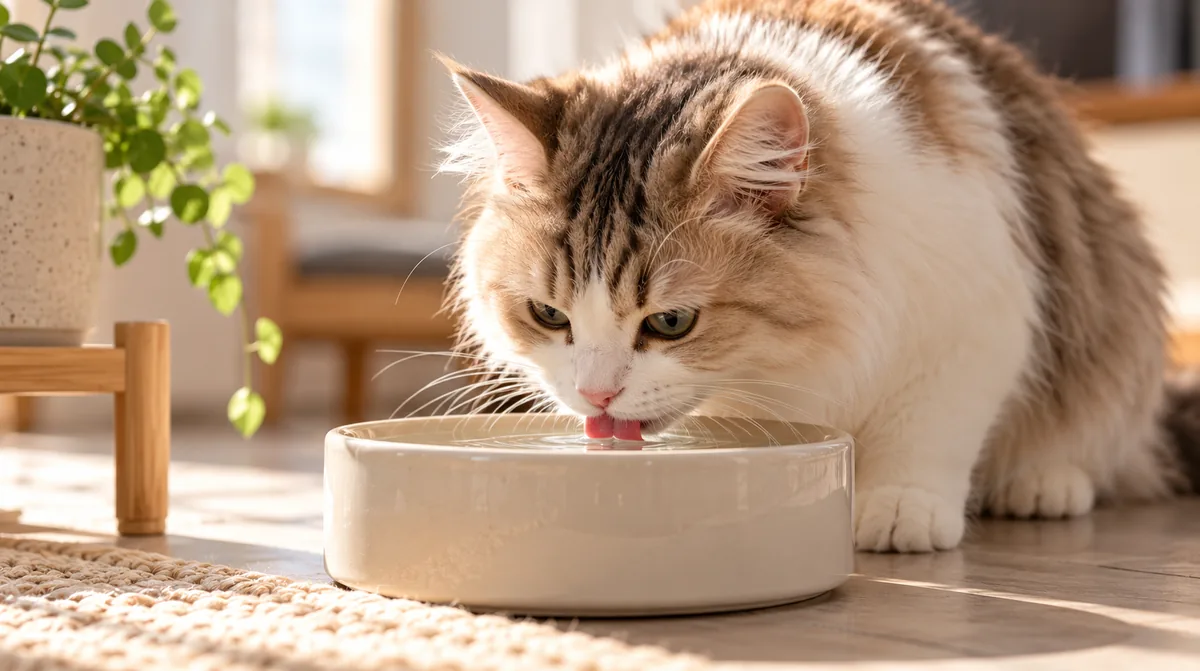 Fluffy tabby-and-white cat eating from a white bowl on a wooden floor
