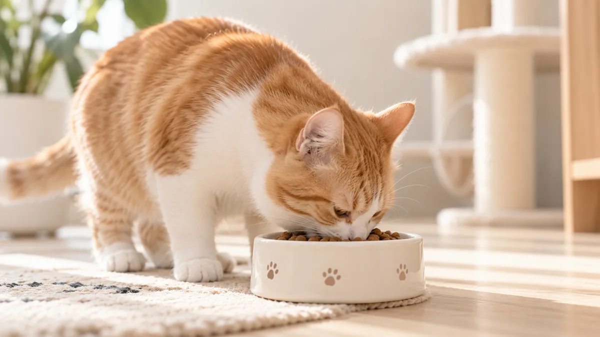 Orange tabby cat eating from a white bowl near a cat tree