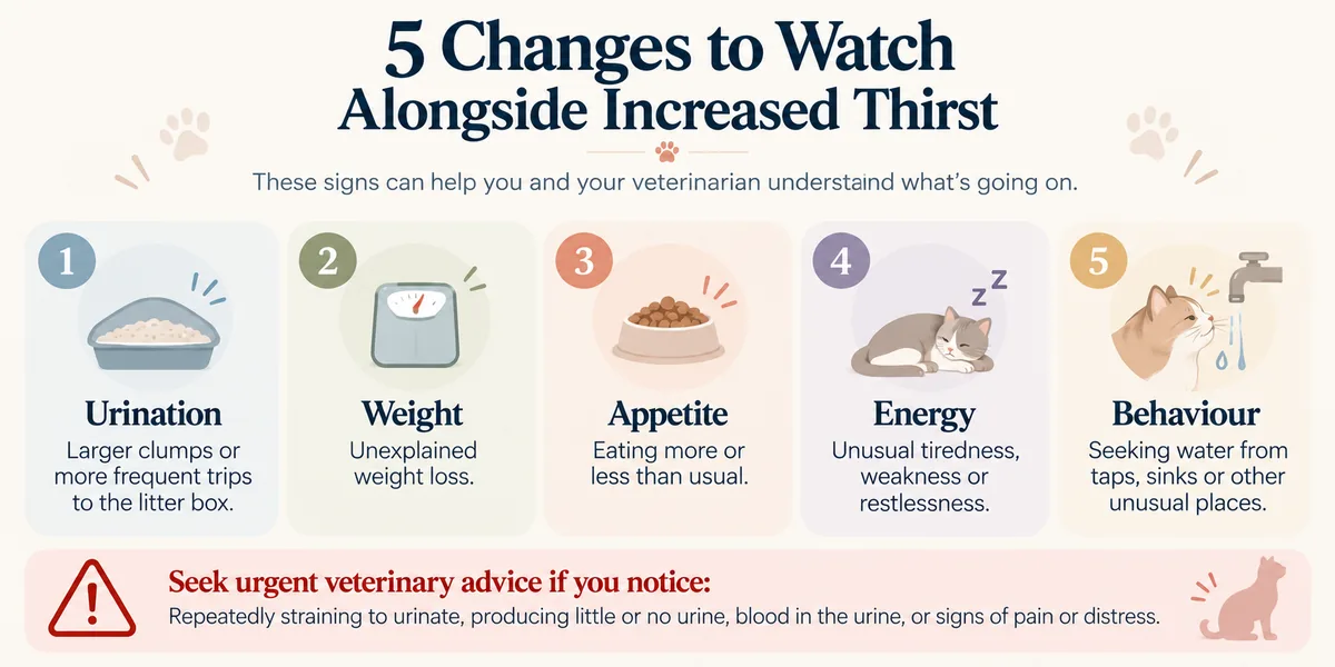 Infographic: five changes to watch alongside increased thirst — urination, weight, appetite, energy and behaviour