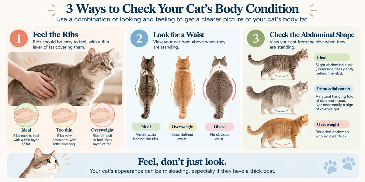 Infographic: three ways to check your cat’s body condition — feel the ribs, look for a waist, check the abdominal tuck