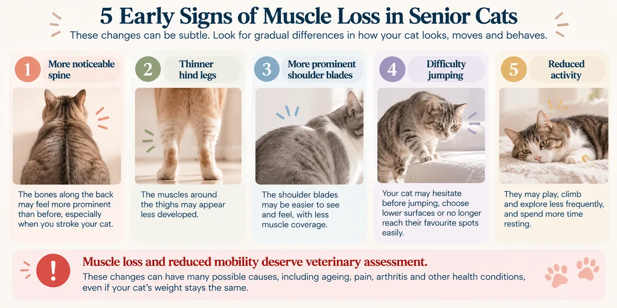 Infographic: five early signs of muscle loss in senior cats — noticeable spine, thinner hind legs, prominent shoulder blades, difficulty jumping and reduced activity