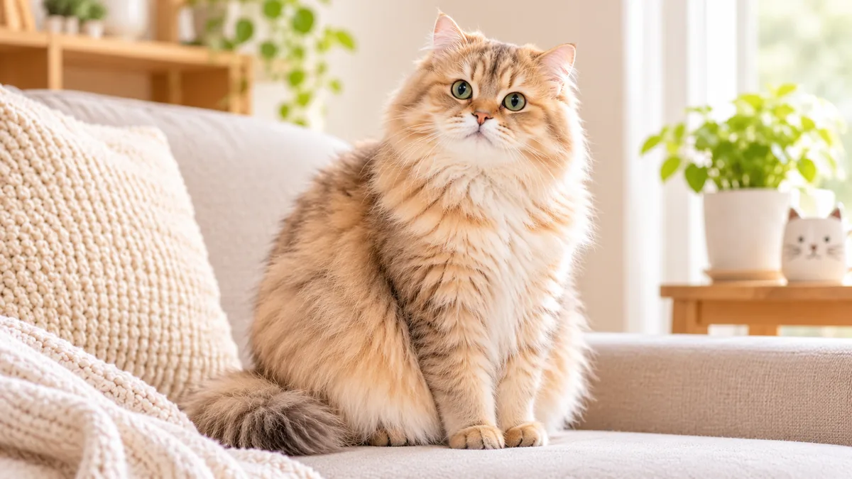 Very fluffy long-haired cat sitting on a sofa looking at the camera