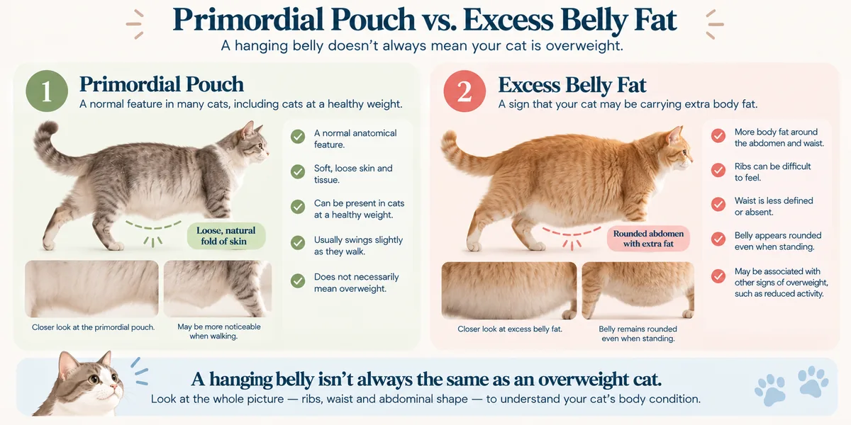 Infographic: primordial pouch versus excess belly fat — a hanging belly does not always mean your cat is overweight