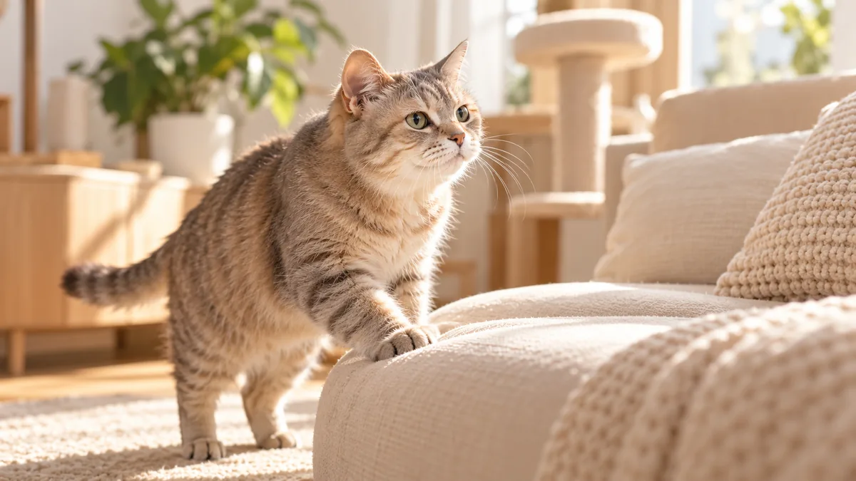 Brown tabby cat standing on a beige sofa looking to the side