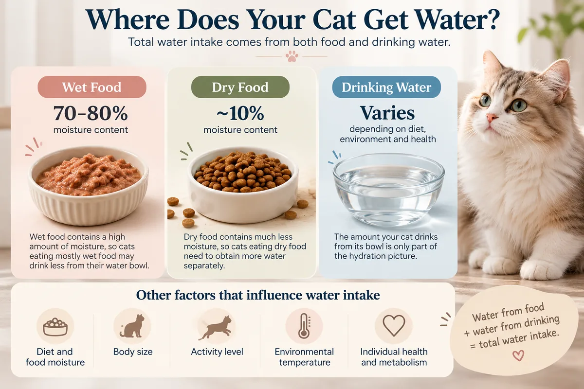 Infographic: where cats get water — wet food 70–80% moisture, dry food about 10% moisture, and drinking water varies