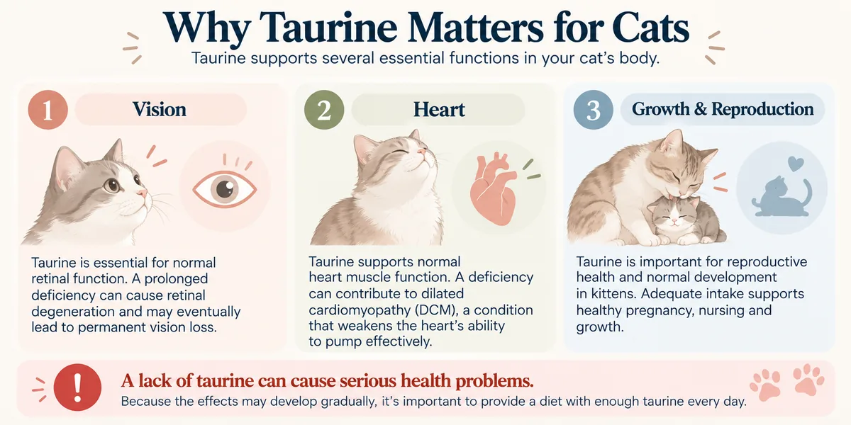 Infographic: why taurine matters for cats — vision, heart, growth and reproduction