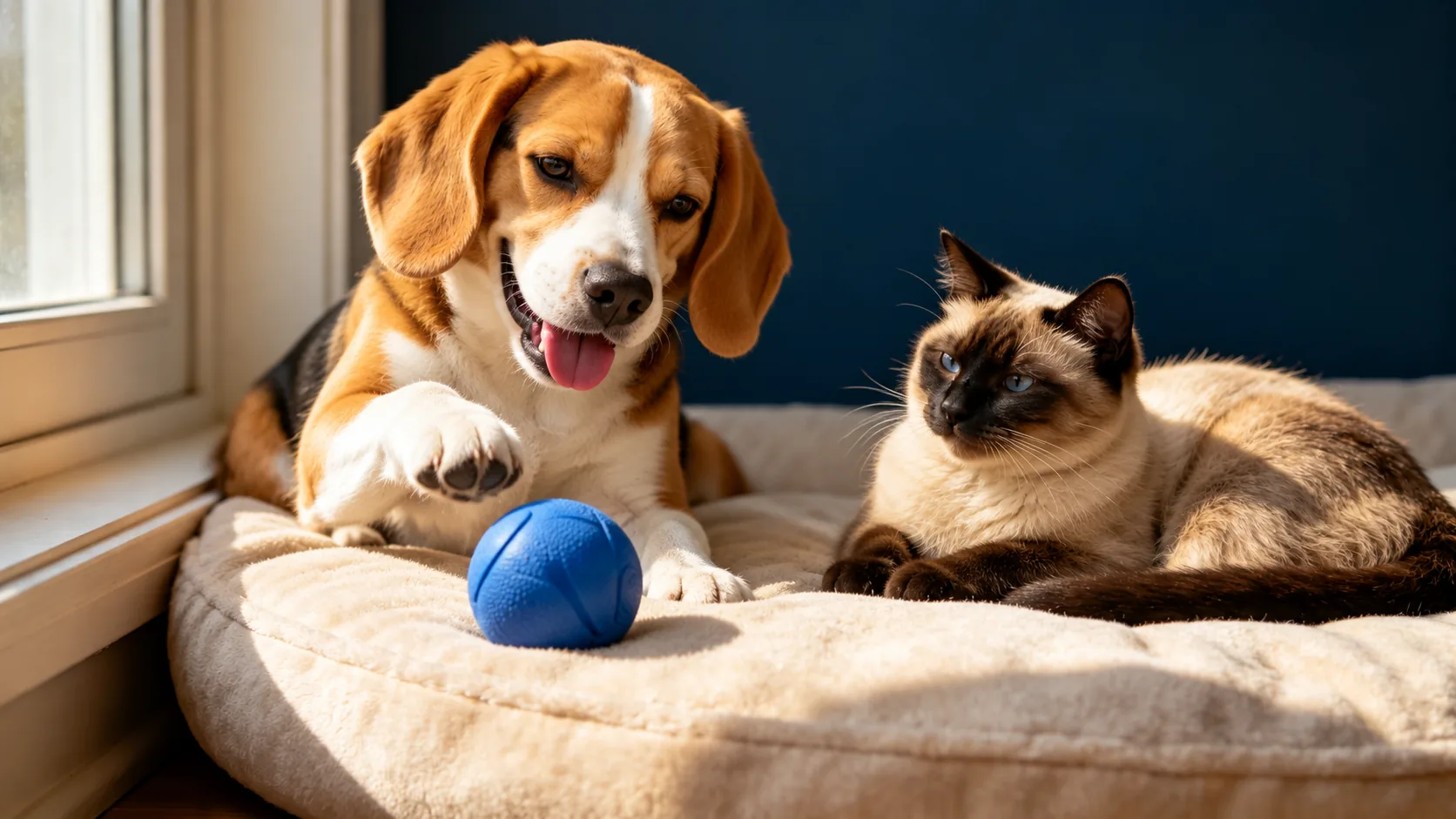A dog playing with a ball on the sofa while a cat watches quietly